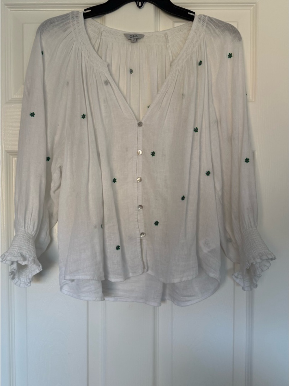 Rails White Button-Front Blouse with Green Embroidered Accents